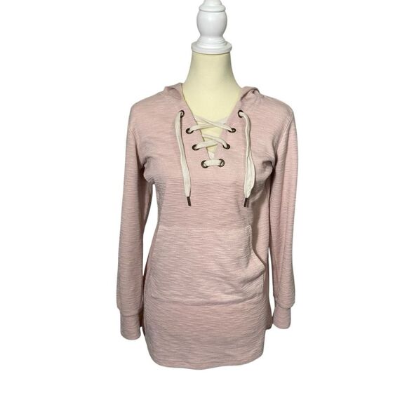 Summer & Sage Light Heathered Pink Lace Up Hooded Knit Sweater Women's Size XS - Picture 1 of 16